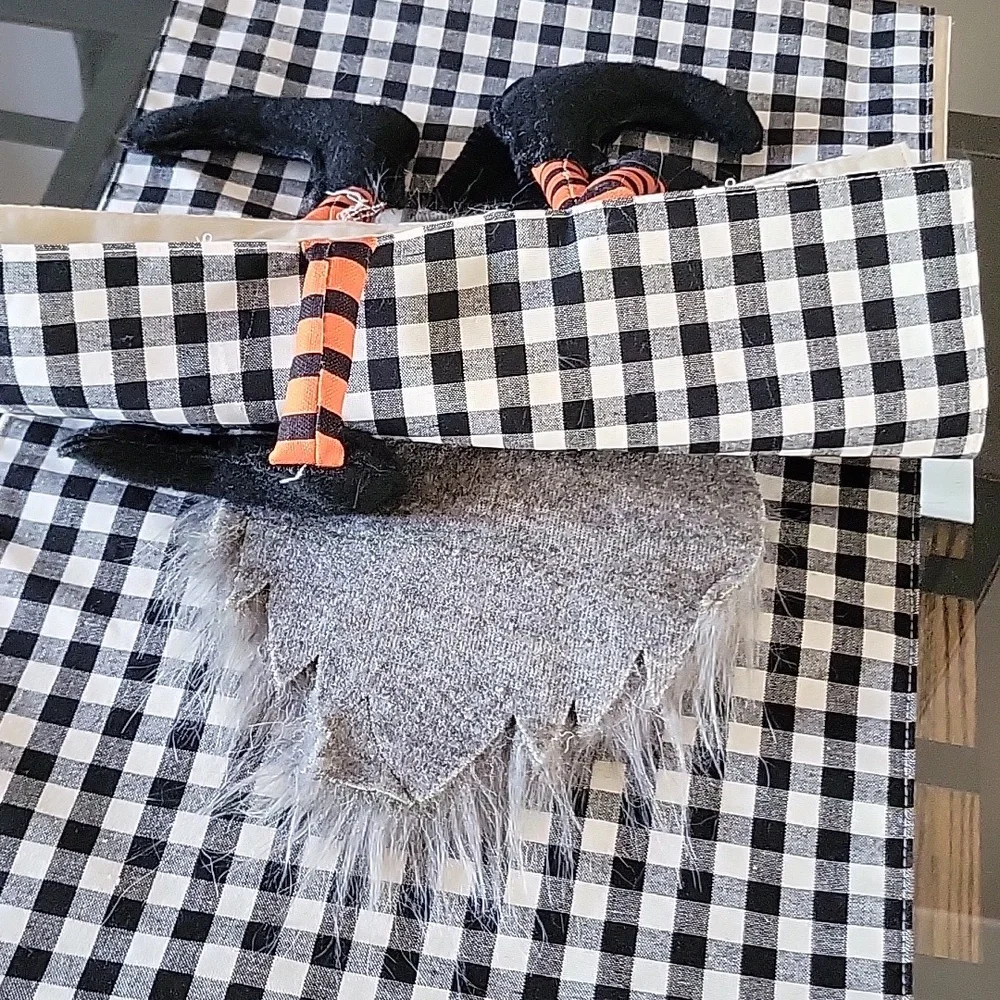 Halloween 100% Cotton Table Runner Checker White Witch Gnome Faux Fur Beard Long